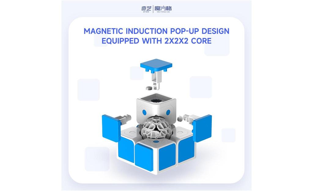 OsCube — magnetic-induction pop-up design over a 2×2×2 core (exploded view)
